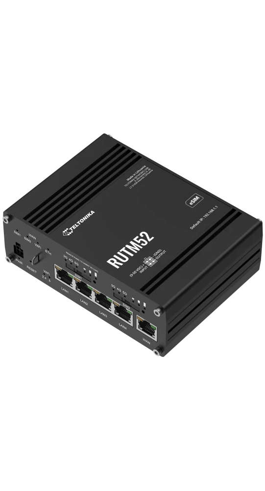 Czarny router Teltonika RUTM52 z portami LAN, WAN i SIM.