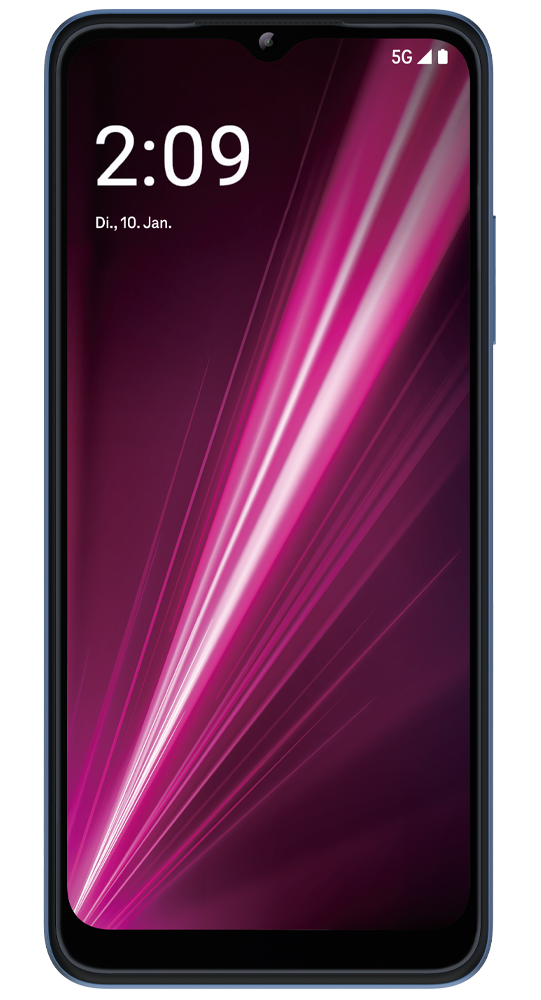 Niebieski smartfon z godziną 2:09, wt. 10 sty i ikoną 5G.