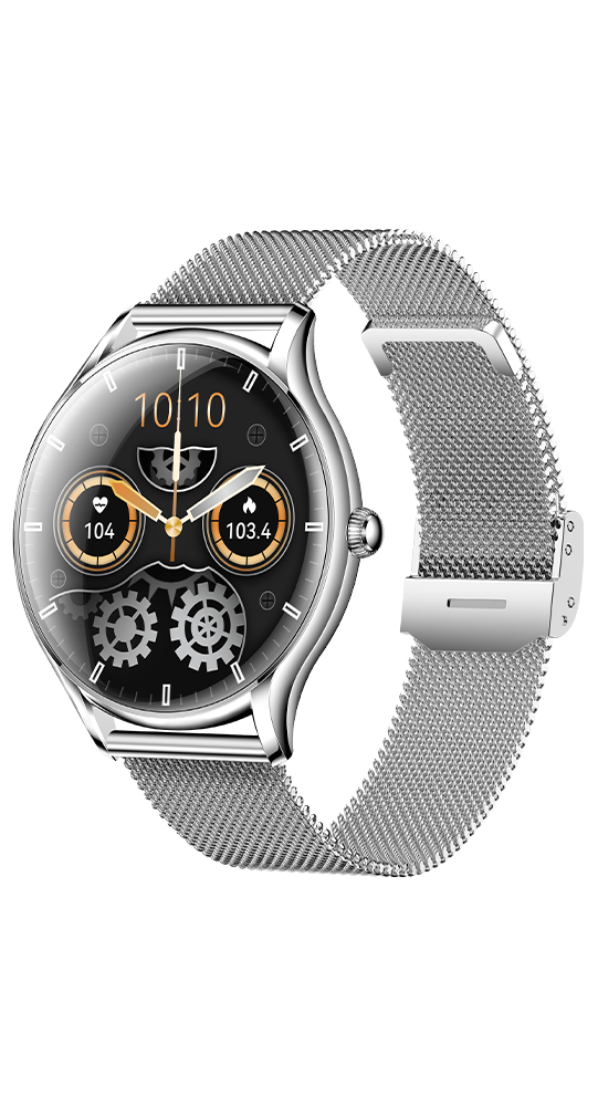 Silberne Smartwatch mit schwarzem Zifferblatt, zeigt Zeit, Herzfrequenz und Schritte an.