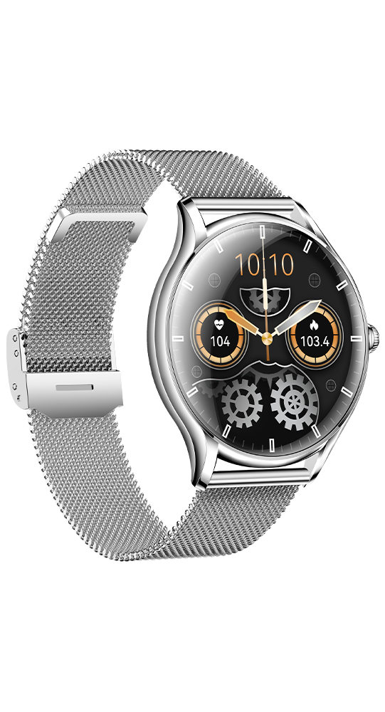 Silberne Smartwatch mit Milanaise-Armband und digitalem Zifferblatt, das 10:10 Uhr anzeigt.