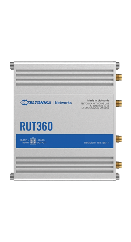 Router Teltonika RUT360 argentato con connettori ed etichette.