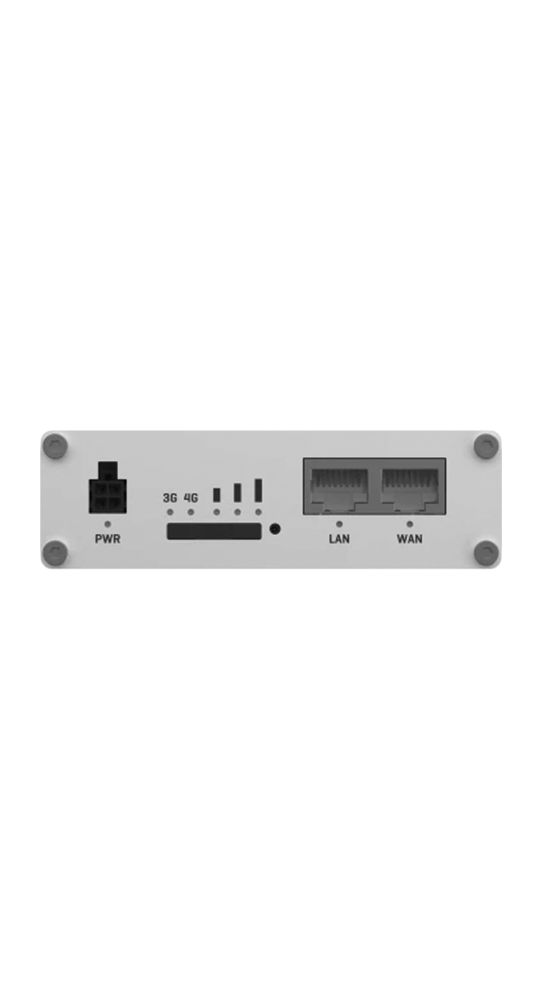 Router bianco con porte PWR, segnale 3G/4G, LAN e WAN. Quattro viti.