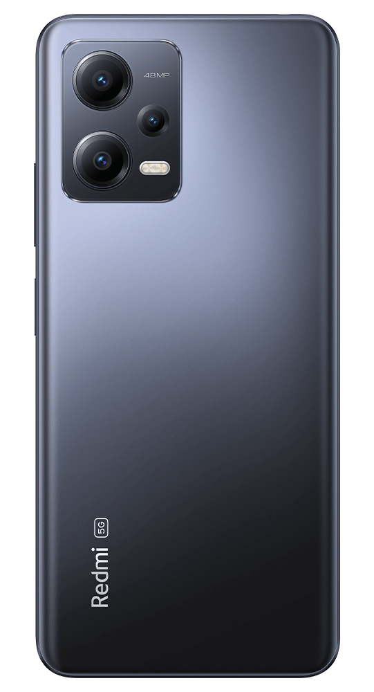Dunkelgraues Smartphone mit dreifacher Kamera und "48MP"-Schriftzug.