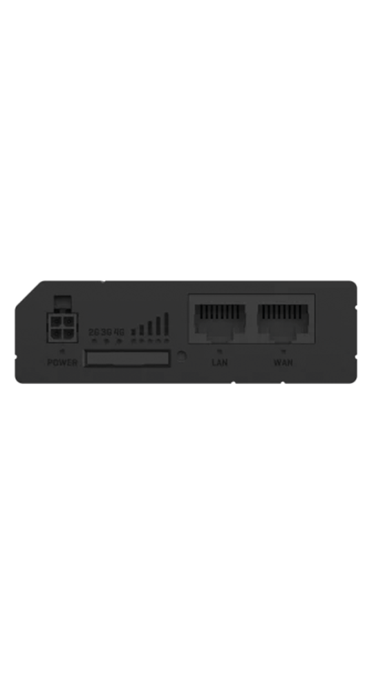 A black router with ports for power, SIM, and Ethernet (LAN/WAN).
