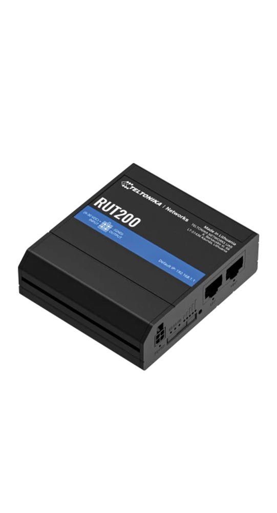 A black Teltonika RUT200 router with ports and labels.