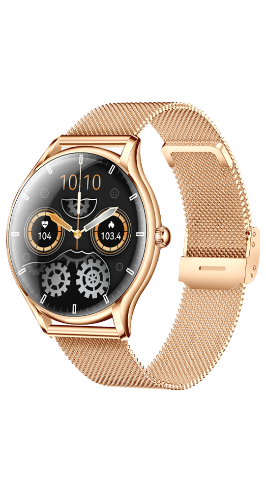 Goldene Smartwatch mit Milanaise-Armband und digitalem Zifferblatt.