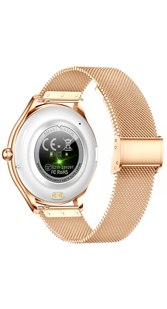 Rückseite einer rosegoldenen Smartwatch mit weißem Zifferblatt und Milanaise-Armband.