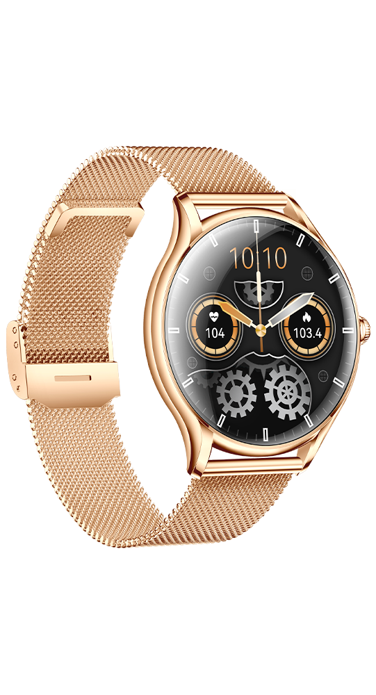 Eine goldene Smartwatch mit Milanaise-Armband und schwarzem Zifferblatt.