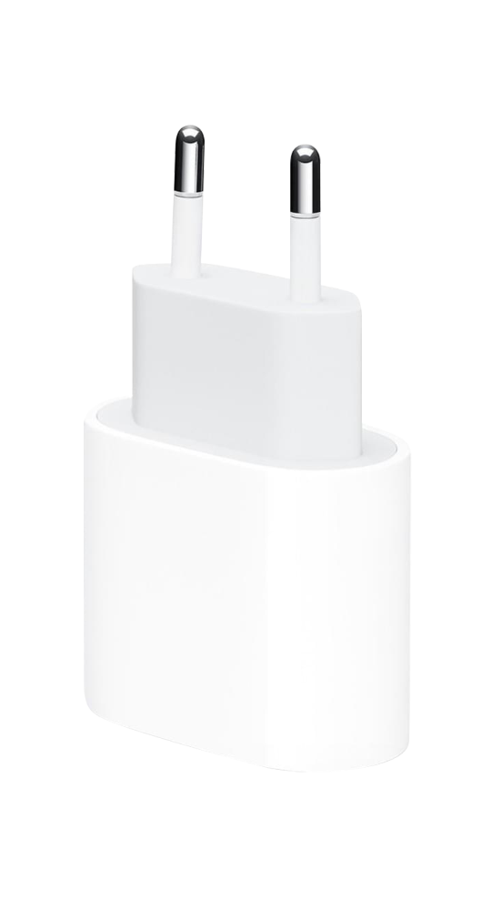 Un adaptador de viaje blanco con dos clavijas plateadas sobre fondo blanco.