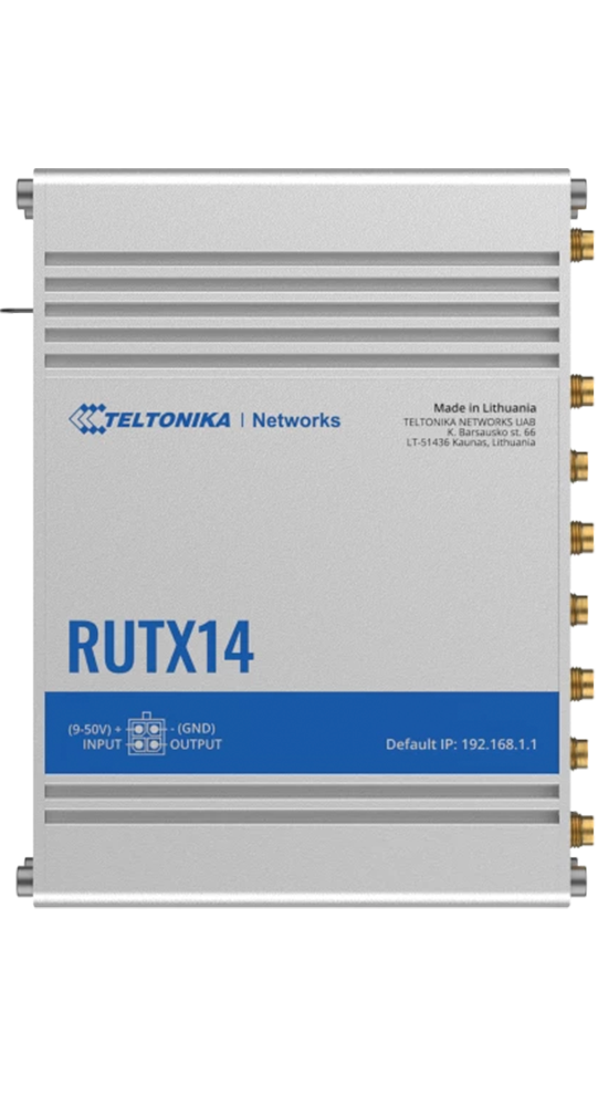 Un router Teltonika RUTX14 argentato con porte laterali.