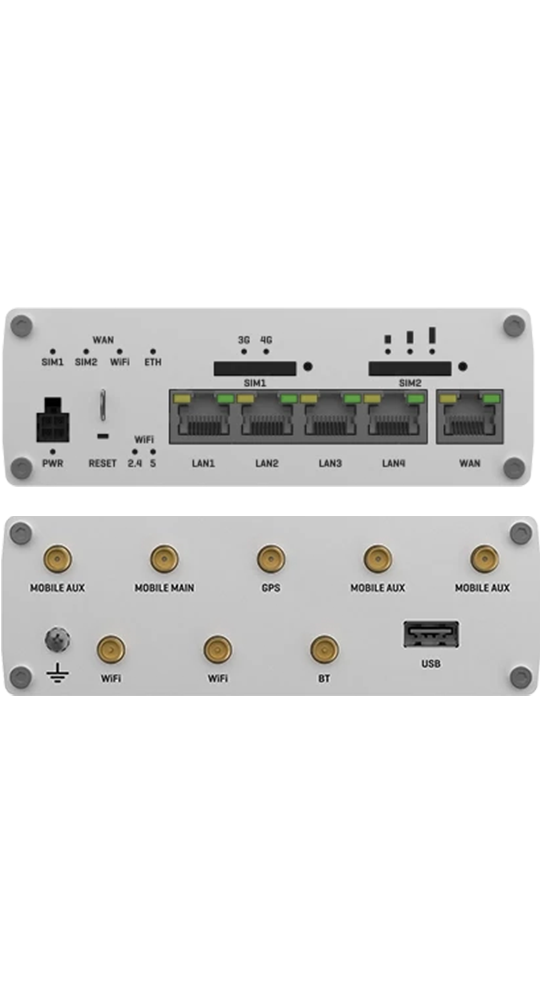 Un dispositivo bianco con porte: WAN, SIM, LAN, USB, GPS, WiFi, BT. Viste superiore e inferiore.