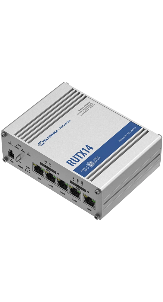 Un router Teltonika RUTX14 argentato con più porte LAN.