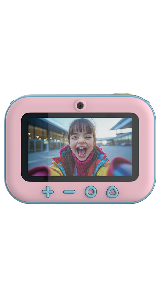 Ein pinkes Kinderkamera-Display zeigt ein lachendes Mädchen in bunter Kleidung.