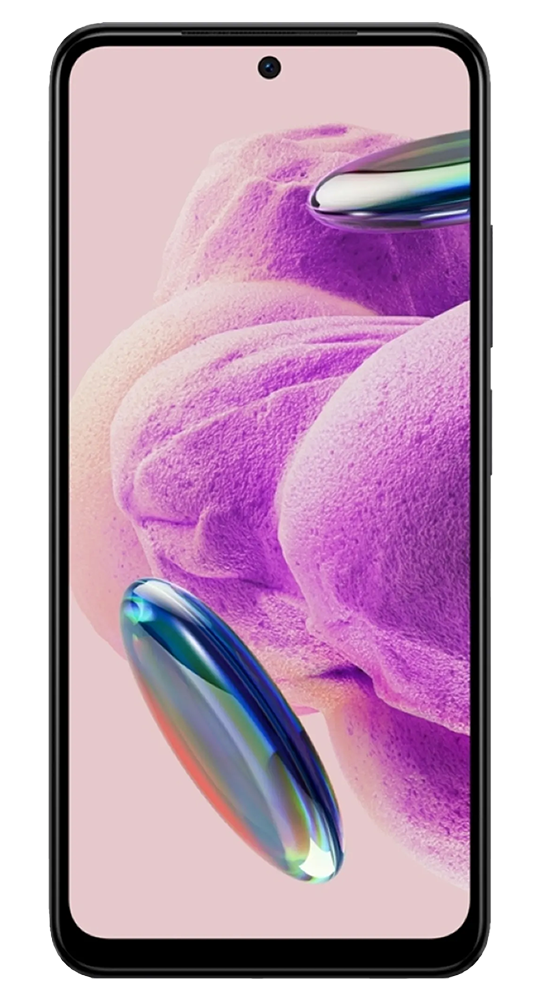 Ein schwarzes Smartphone zeigt einen lila, strukturierten Hintergrund mit zwei schillernden, ovalen Objekten.