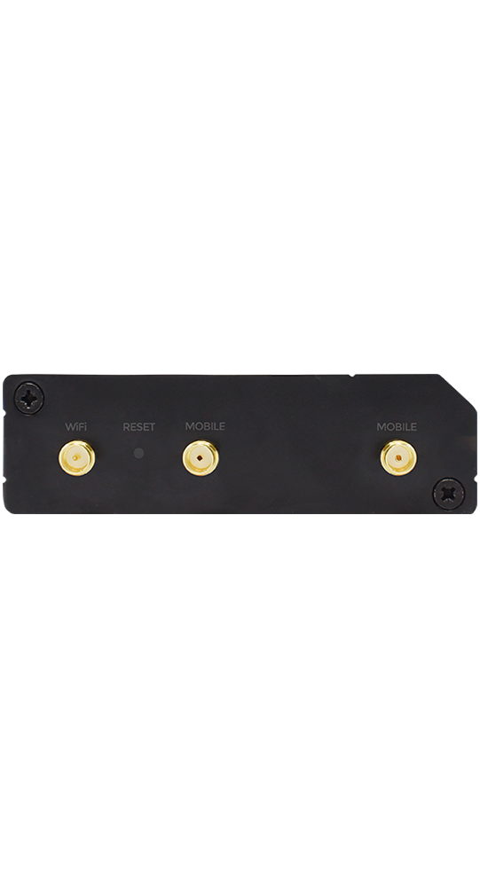 Dispositivo nero con porte per WiFi, Reset e due connessioni mobili.