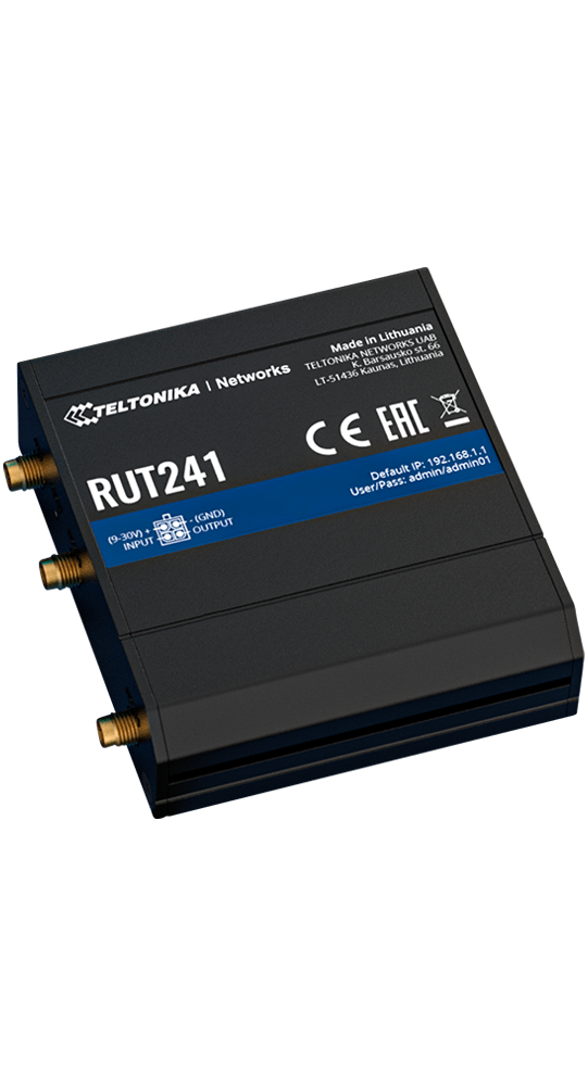 Router Teltonika RUT241 nero con connettori ed etichettatura.