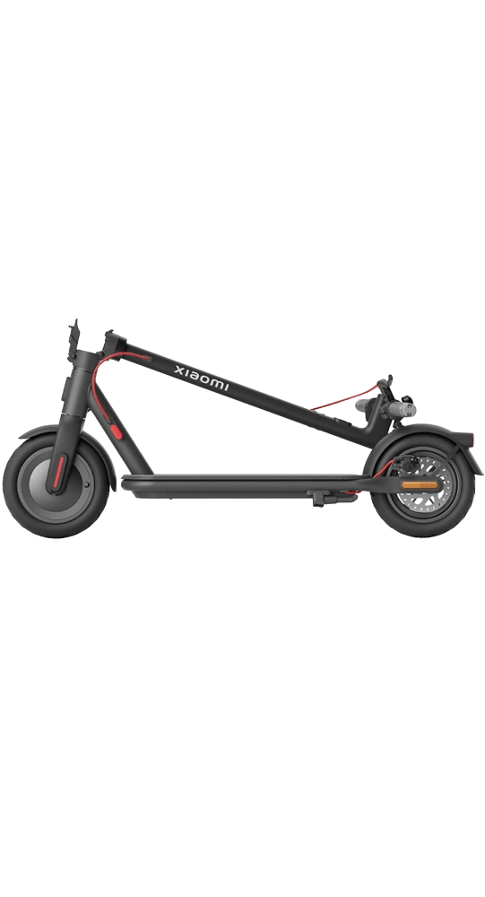 Un monopattino elettrico Xiaomi nero con accenti rossi su sfondo bianco.
