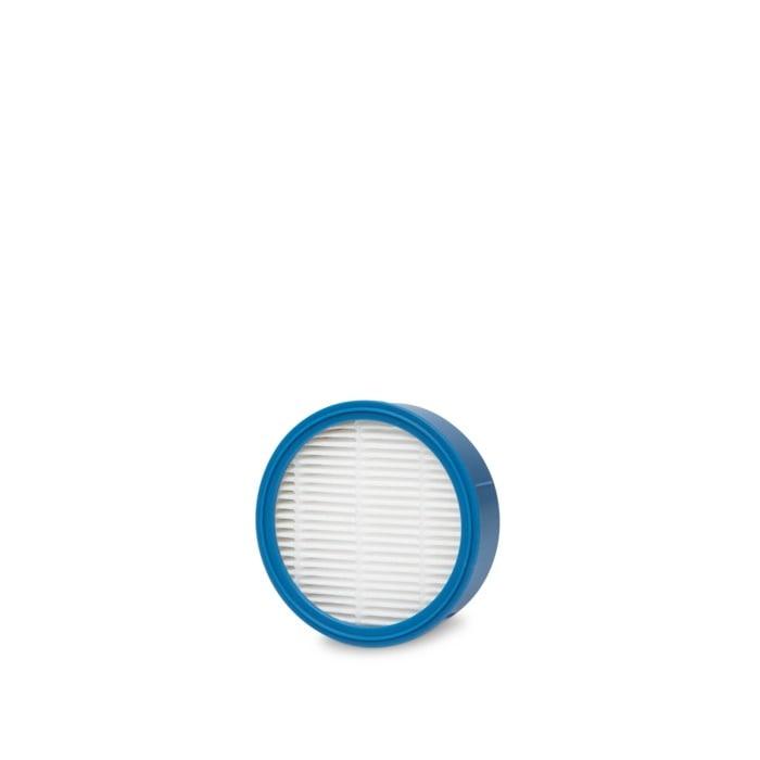 Un filtro rotondo blu con pieghe bianche.