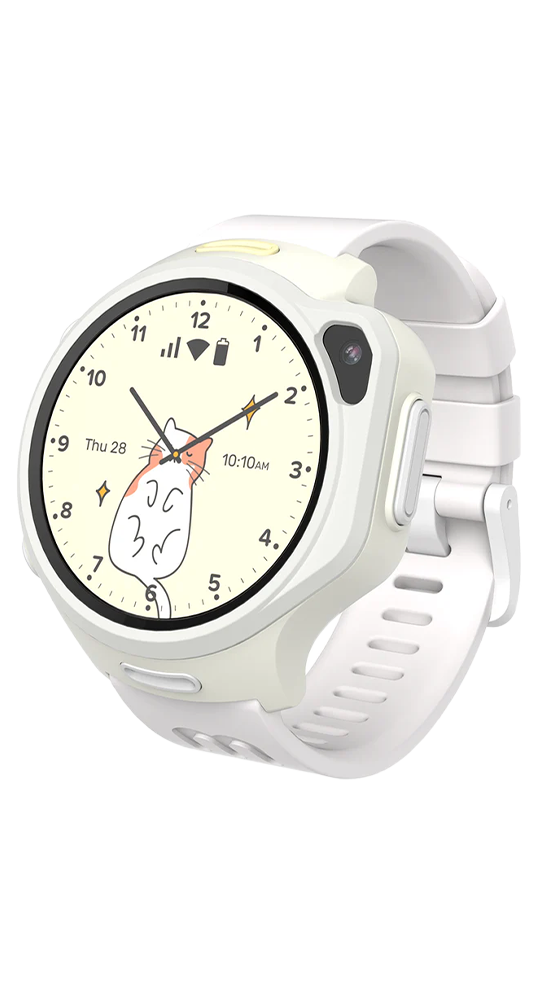 Weiße Kinder-Smartwatch mit Katzen-Zifferblatt und Kamera.