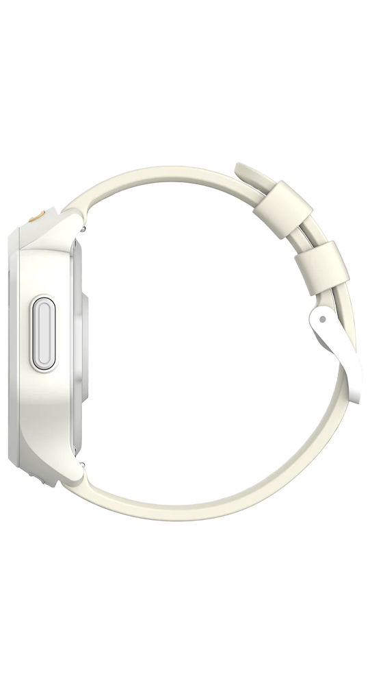 Weiße Smartwatch mit hellem Armband, Seitenansicht.