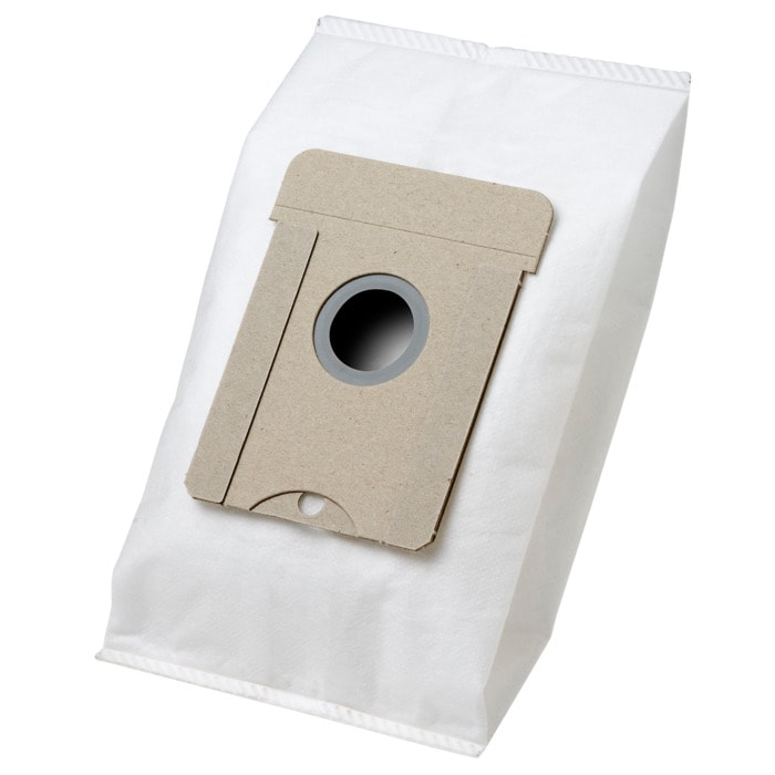 Un sacchetto per aspirapolvere bianco con un collare di cartone e un'apertura di ingresso rotonda.