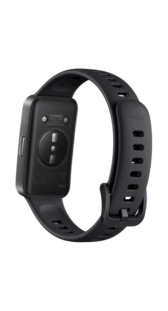 Parte trasera de un reloj inteligente negro que muestra contactos de carga y marcas de certificación.