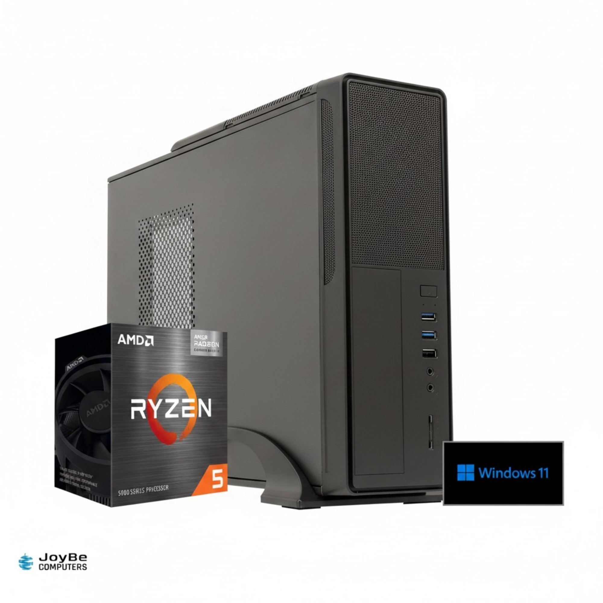 Un case PC nero con un processore AMD Ryzen 5 e il logo di Windows 11.