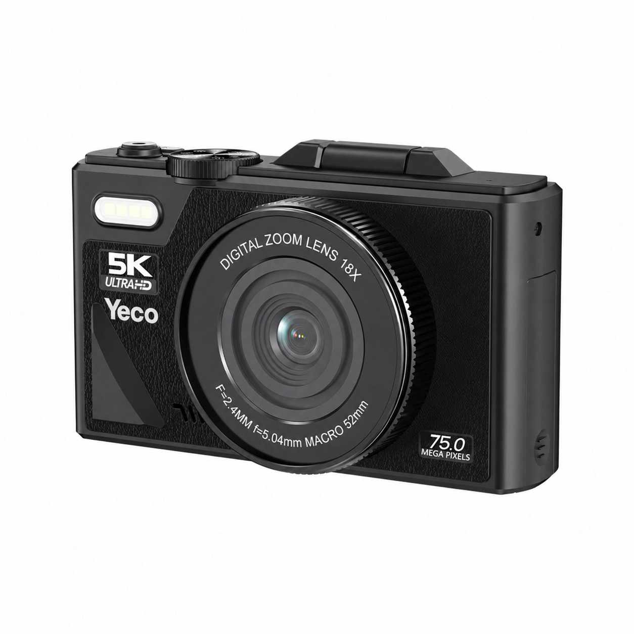 5K Ultra HD, 18x zoom lensli ve 75 MP siyah Yeco dijital kamera.