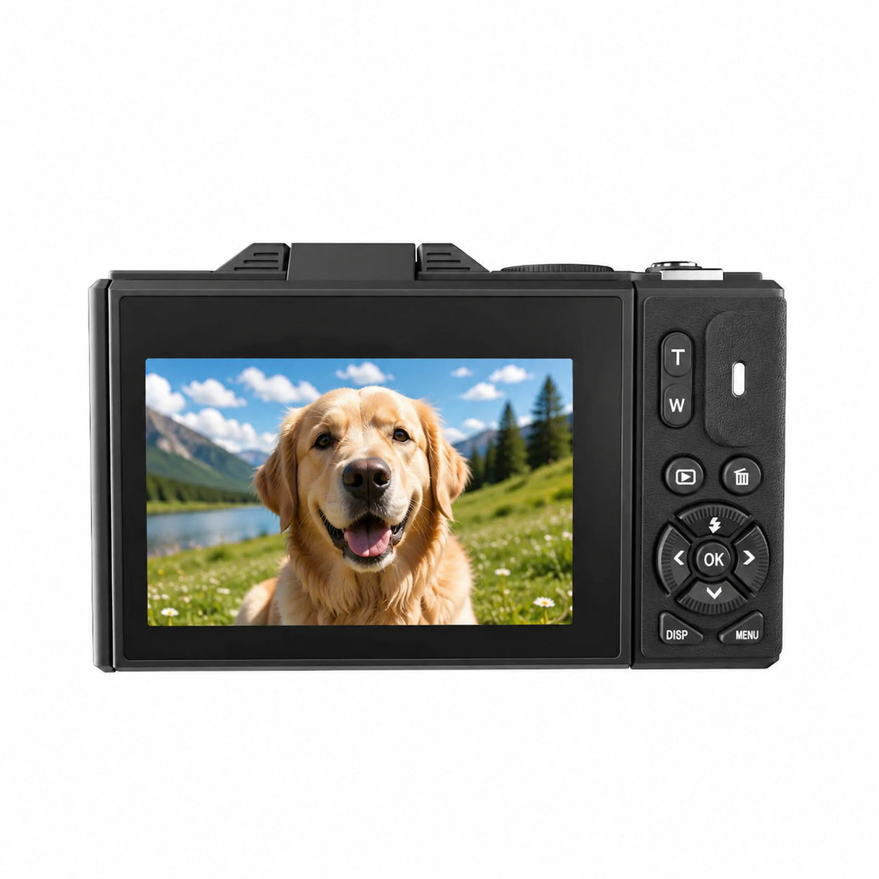 Ekranında Golden Retriever portresi gösteren dijital kameranın arkası.
