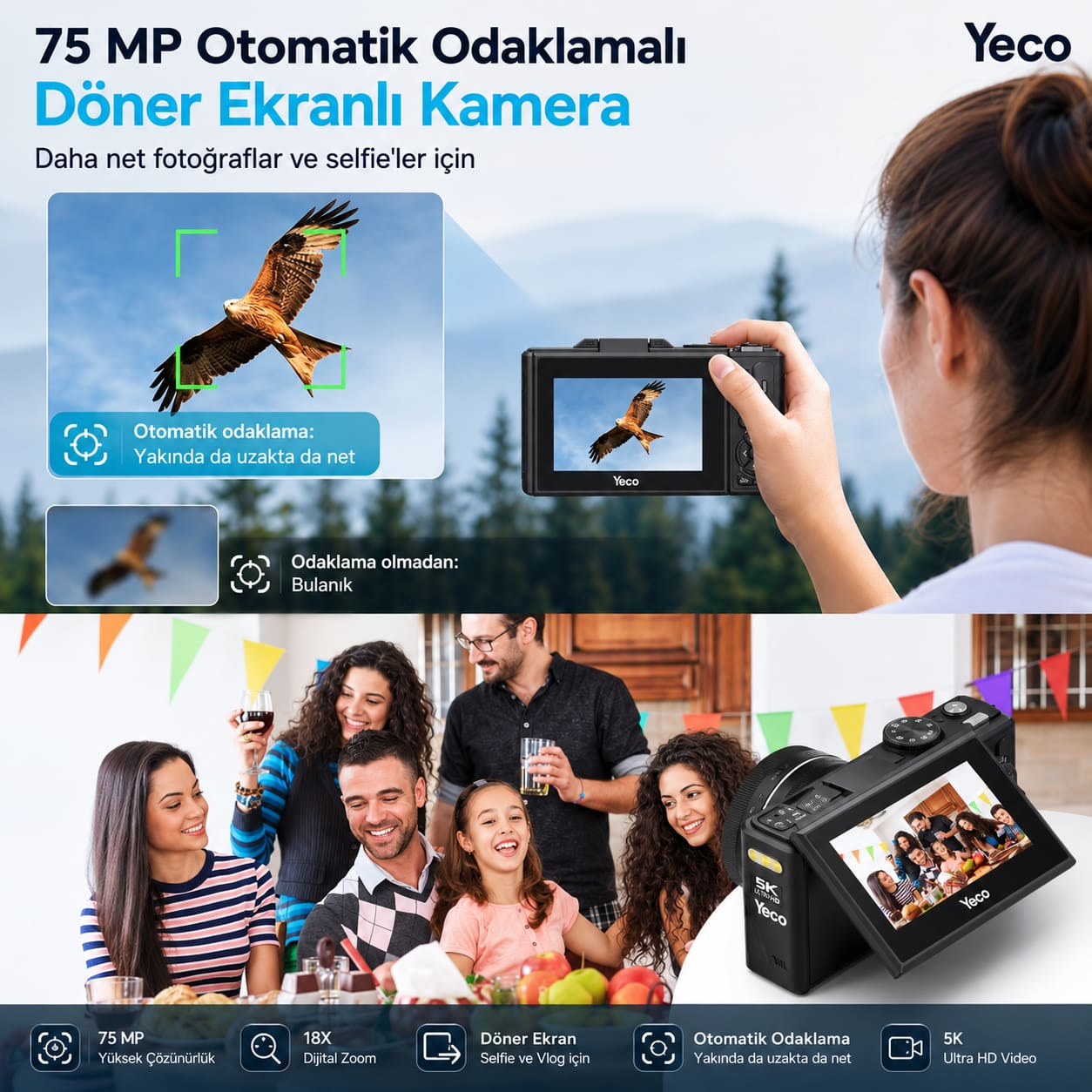 Bir kadın, yırtıcı kuşu gösteren bir kamera tutuyor. Altında, gülen bir grup.
