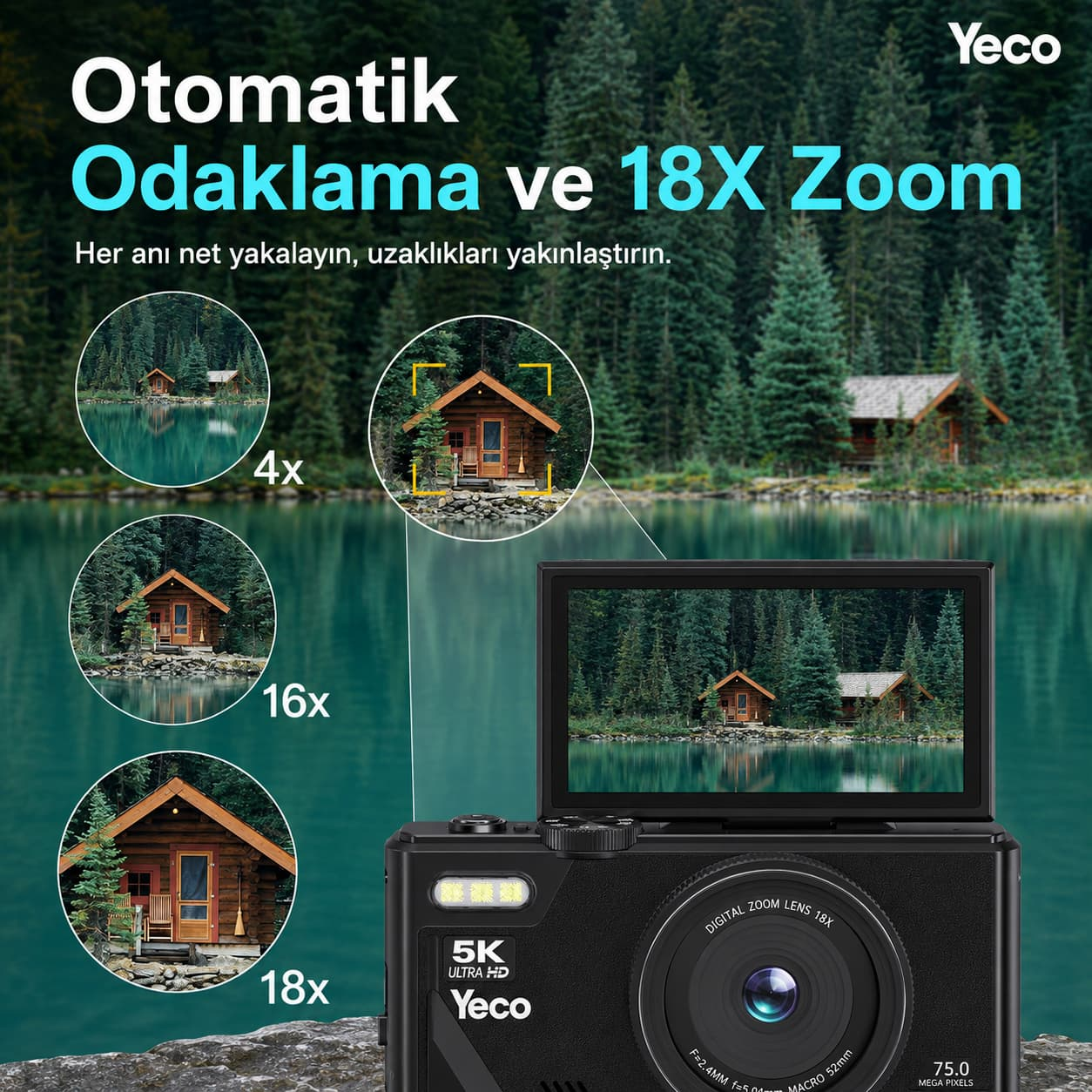 Bir kamera, 4x, 16x ve 18x yakınlaştırmayı gösteren üç eklenmiş görünümle bir manzara sergiliyor.