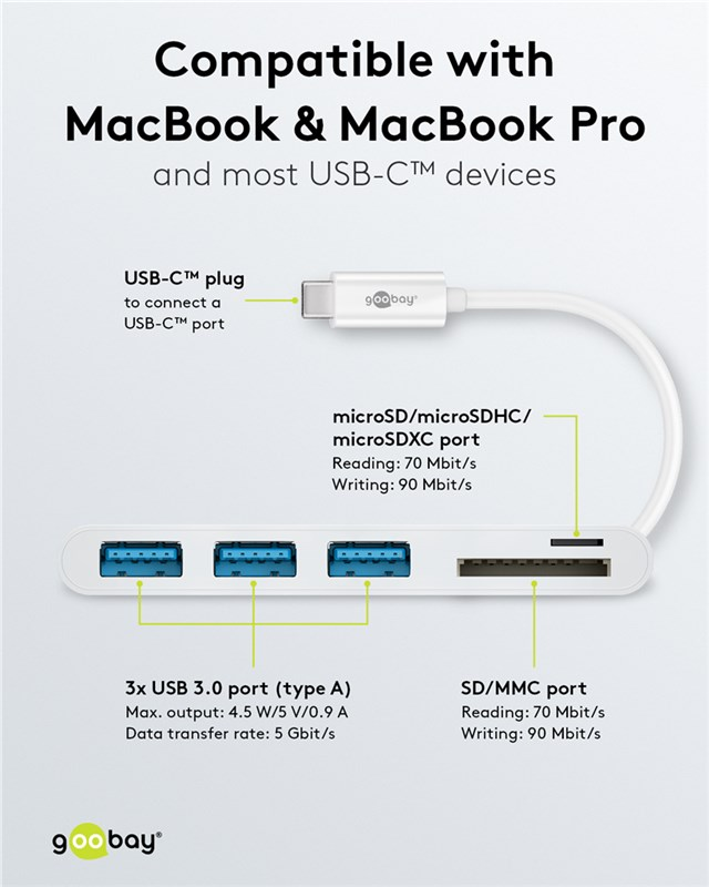 Hub USB-C Goobay con 3 porte USB 3.0, lettori schede microSD/SD.