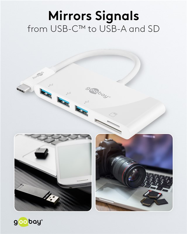 Hub Goobay USB-C con tre porte USB-A, lettore di schede SD, accanto a telefono, laptop e fotocamera.