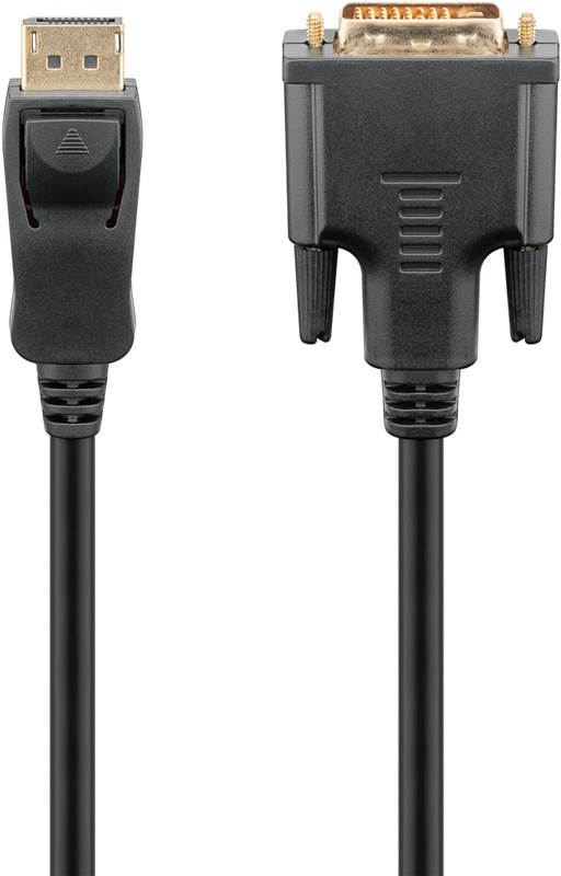 DisplayPort- und DVI-Stecker eines schwarzen Kabels auf weißem Hintergrund.