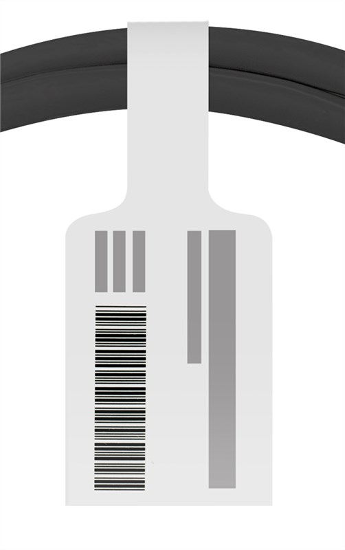 Ein schwarzer Reifen mit einem weißen Etikett und Barcodes.