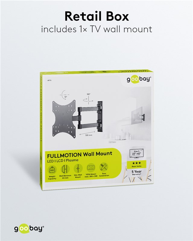 Verkaufsverpackung für eine voll bewegliche TV-Wandhalterung, Größe S, 23-42 Zoll.