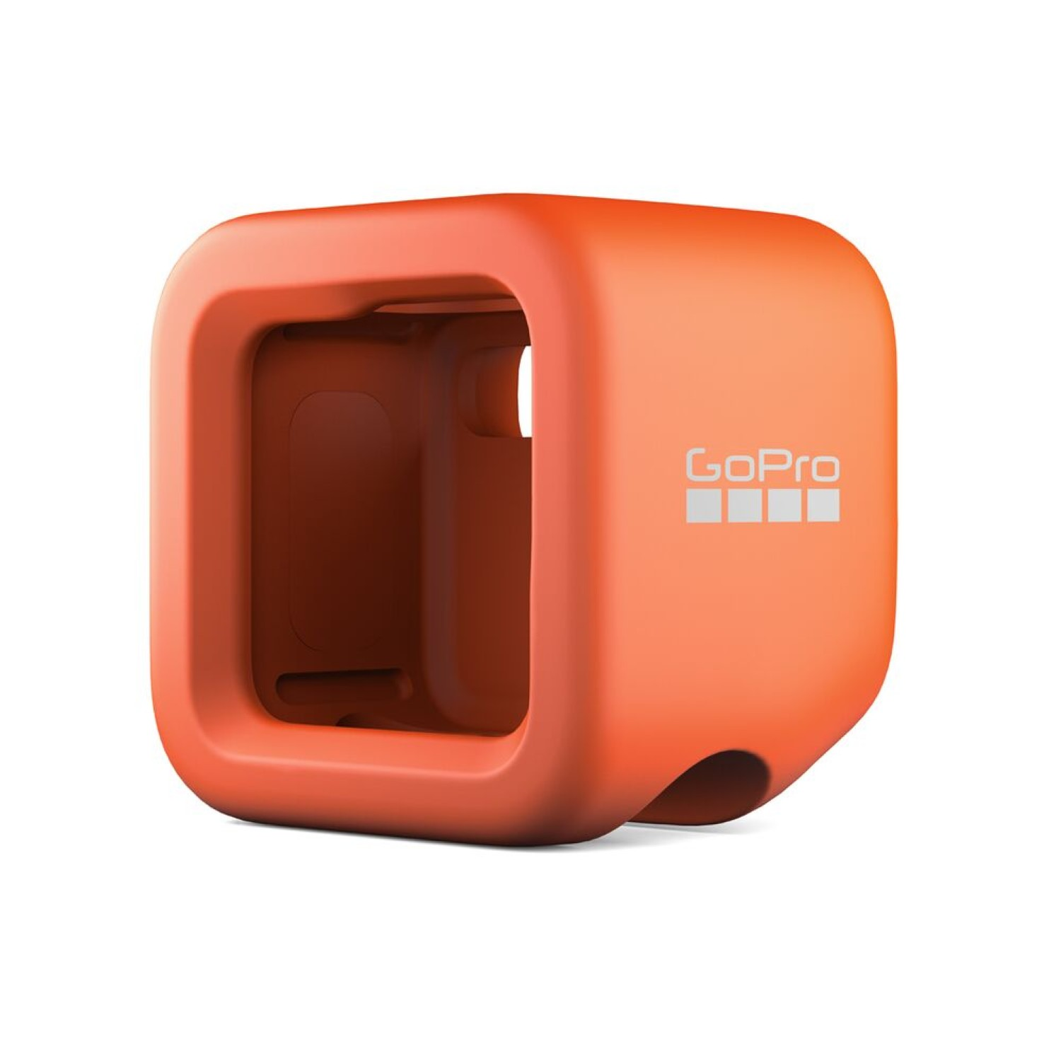 Orange GoPro-Gehäuse mit silbernem Logo auf weißem Hintergrund.