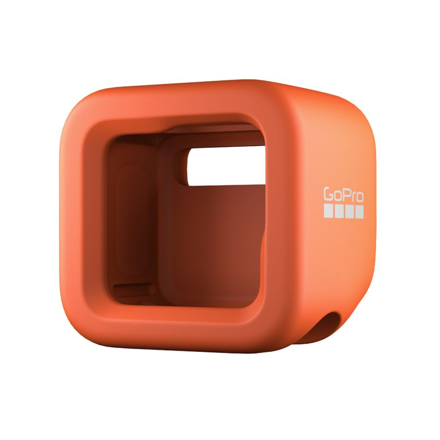 Ein orangefarbener GoPro-Schutz für eine Kamera.