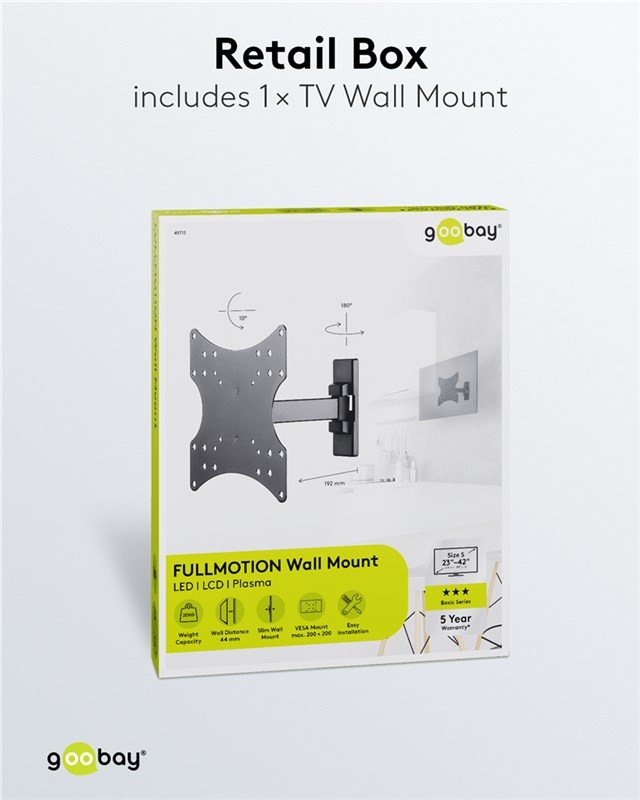 Verkaufsverpackung für eine schwenkbare TV-Wandhalterung mit VESA-Aufnahme.