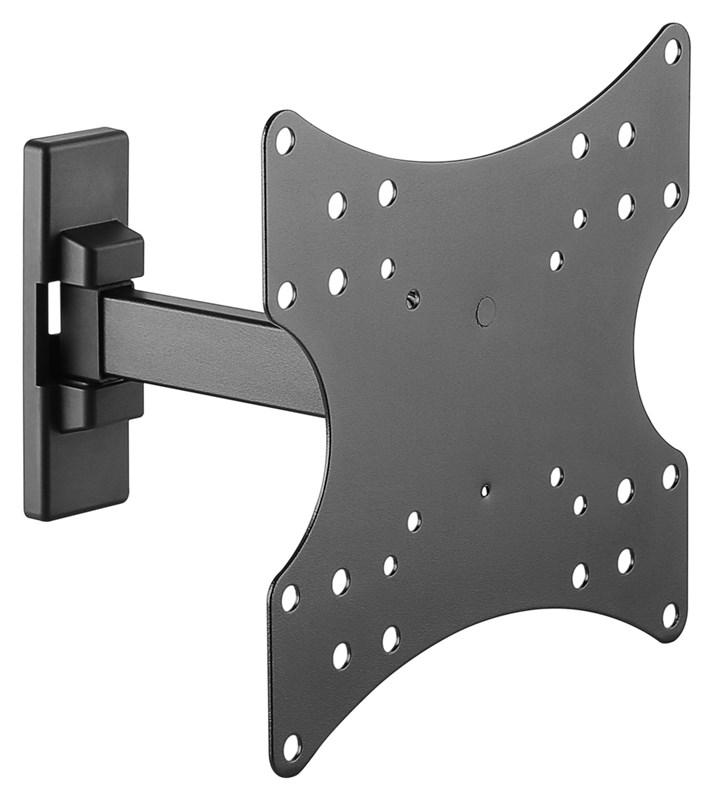 Schwarze schwenkbare Wandhalterung mit Gelenkarm und VESA-Platte.