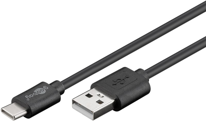 A black USB-C to USB-A cable with Goobay logo on a white background.