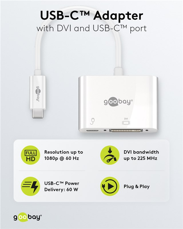 Weißer USB-C zu DVI Adapter mit 60W PD und 1080p Auflösung.