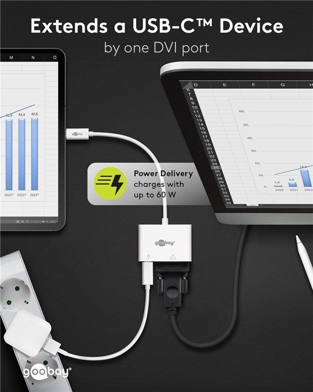 Ein USB-C-Hub erweitert ein Gerät um einen DVI-Anschluss und lädt mit bis zu 60 W.