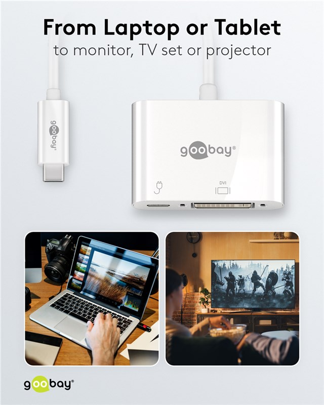 Goobay Adapter verbindet Laptop/Tablet mit Monitor, TV oder Projektor.