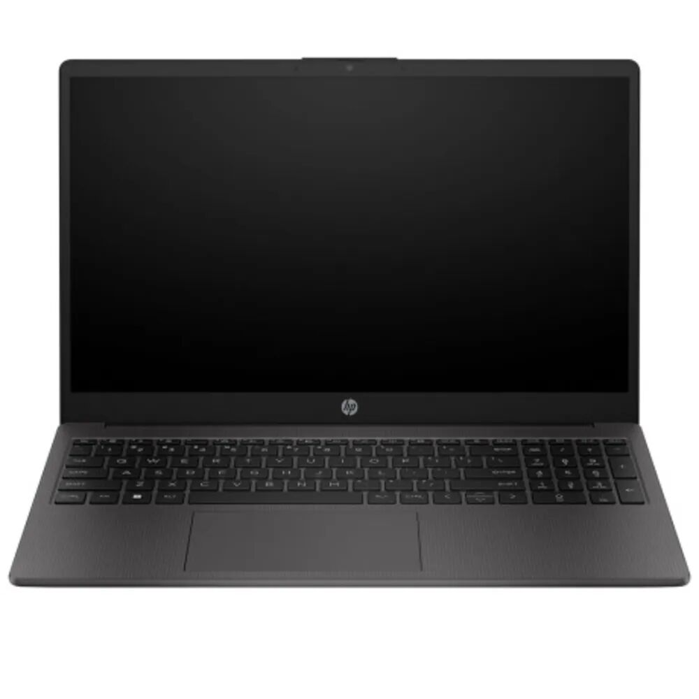 Beyaz arka plan üzerinde klavyeli ve dokunmatik yüzeyli koyu renk HP dizüstü bilgisayar.