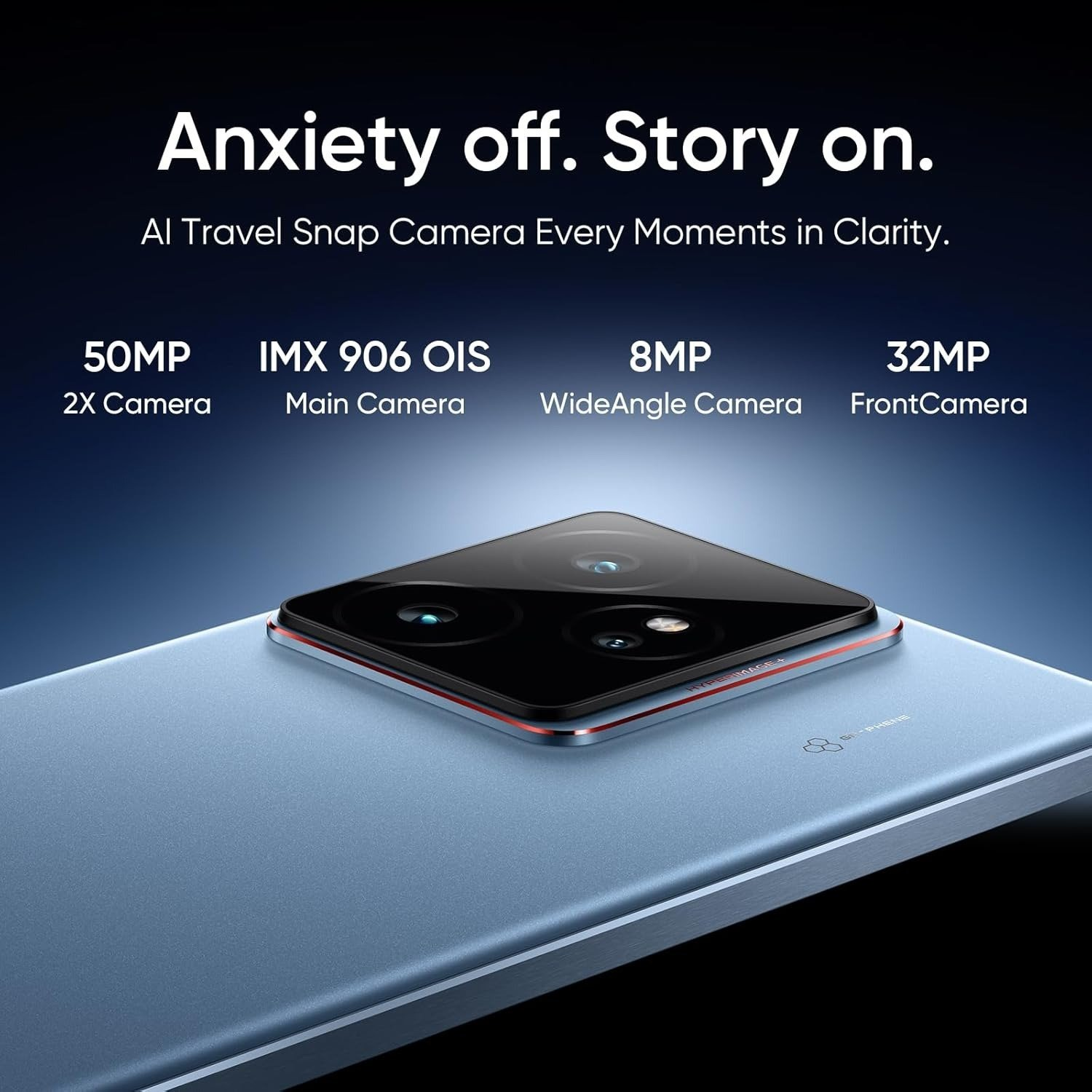 Smartphone azul con especificaciones de cámara: 50MP, 8MP, 32MP, IMX 906 OIS.