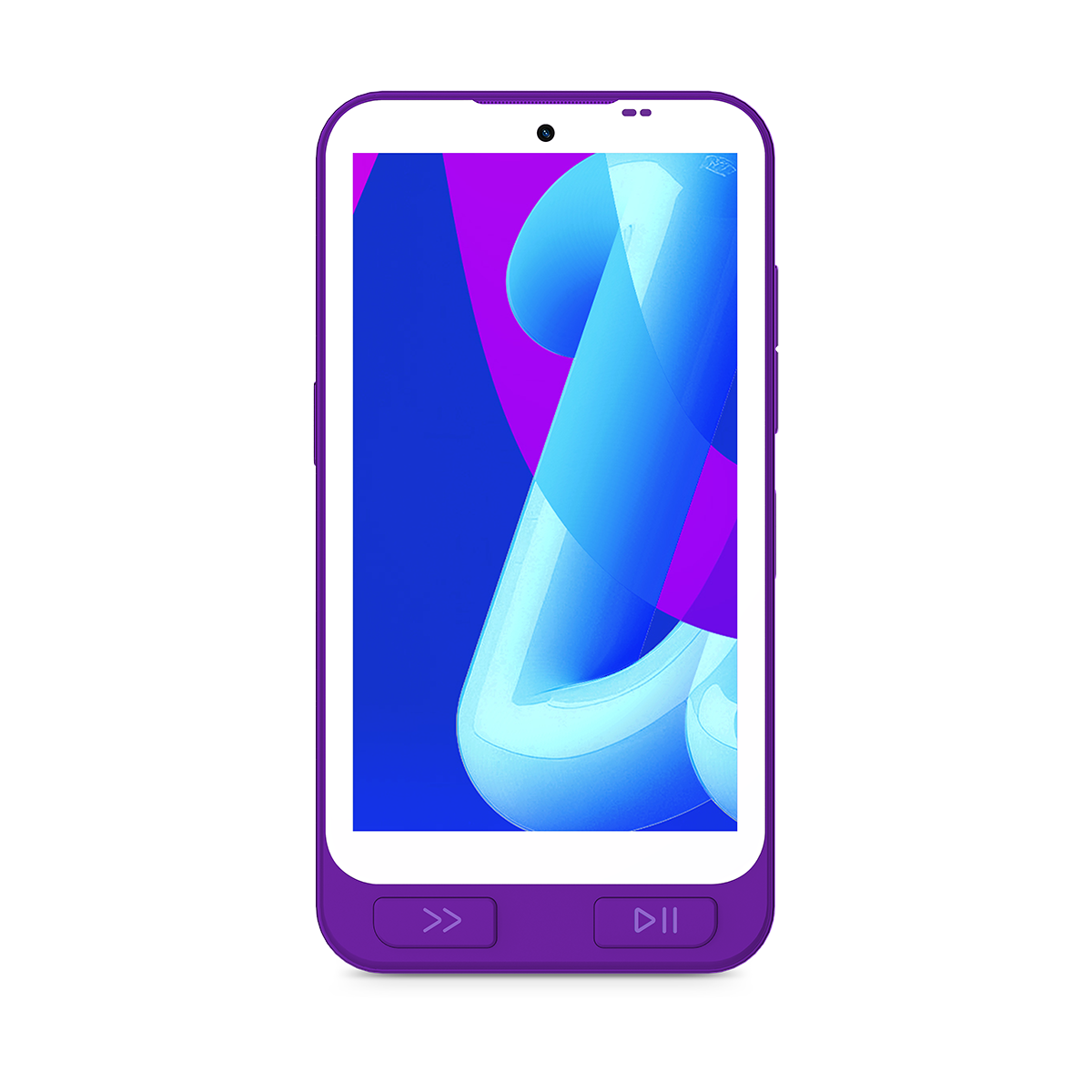 Teléfono púrpura con fondo abstracto azul y rosa en la pantalla.