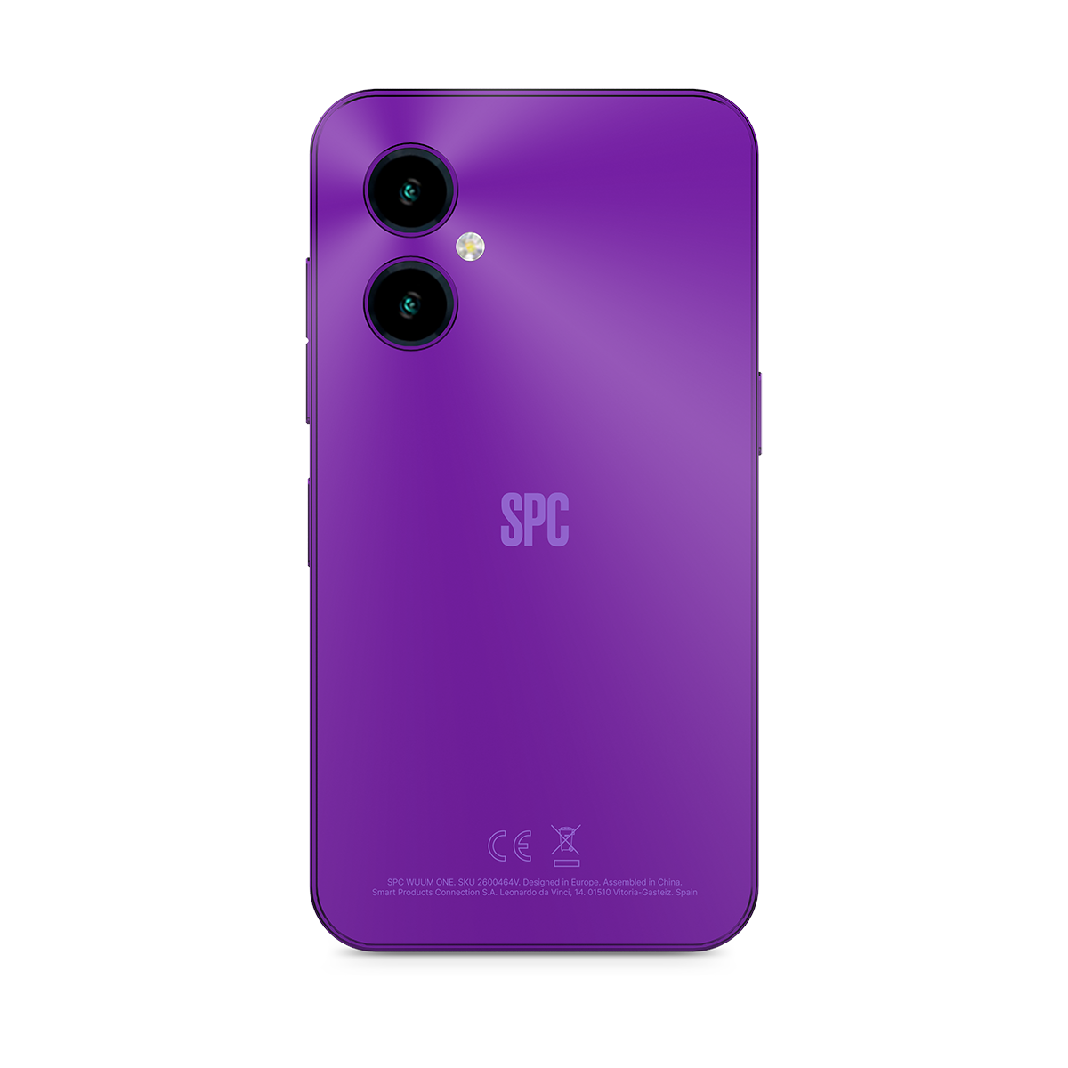 Parte trasera de un smartphone morado con dos cámaras y el logo SPC.