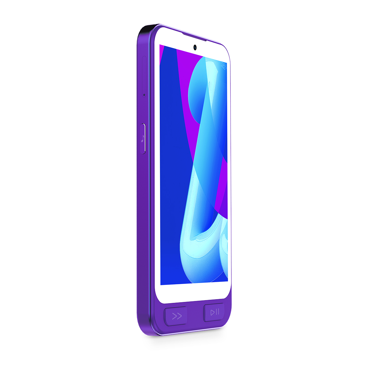 Teléfono inteligente morado con fondo abstracto azul y morado.