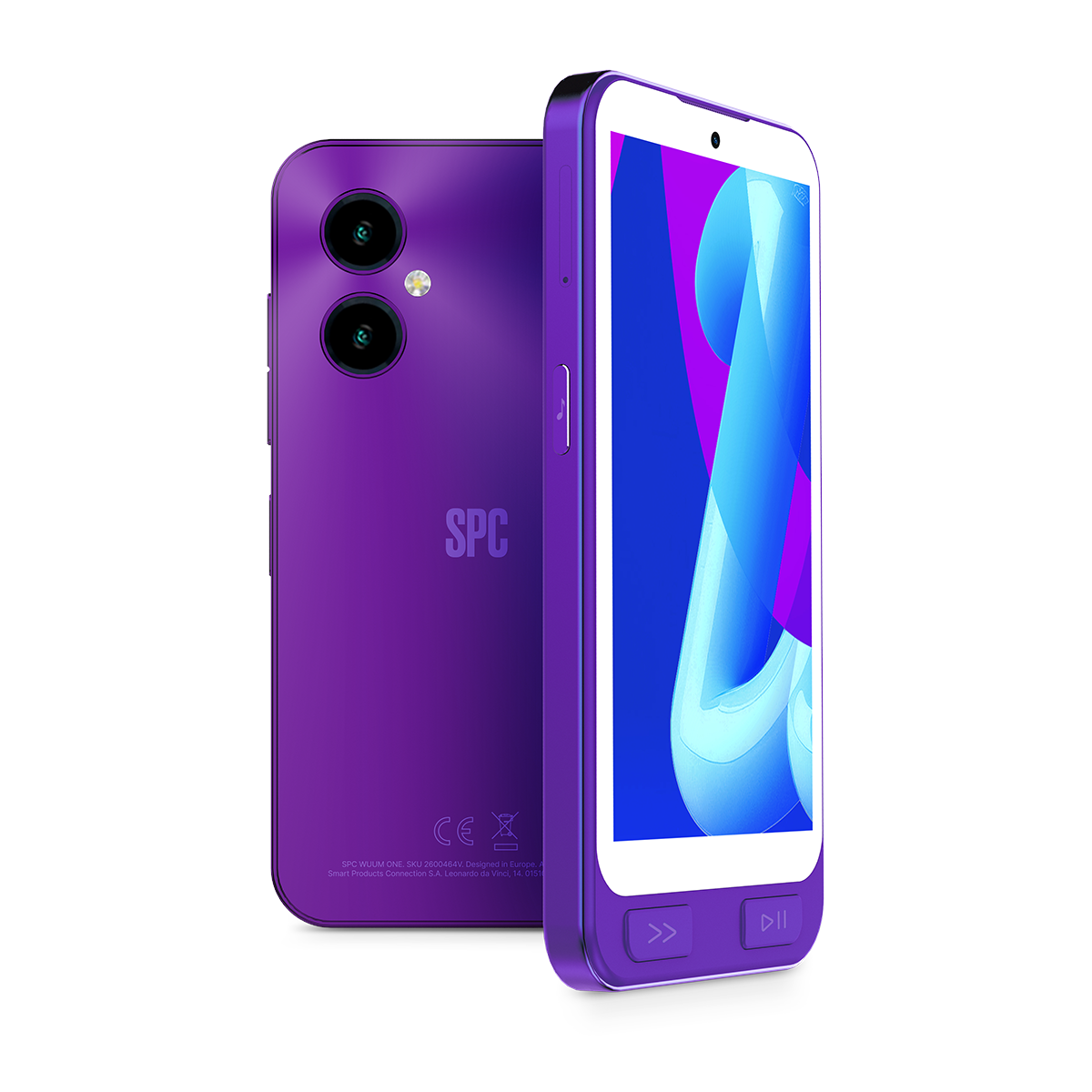 Teléfono inteligente morado con doble cámara trasera y pantalla colorida.
